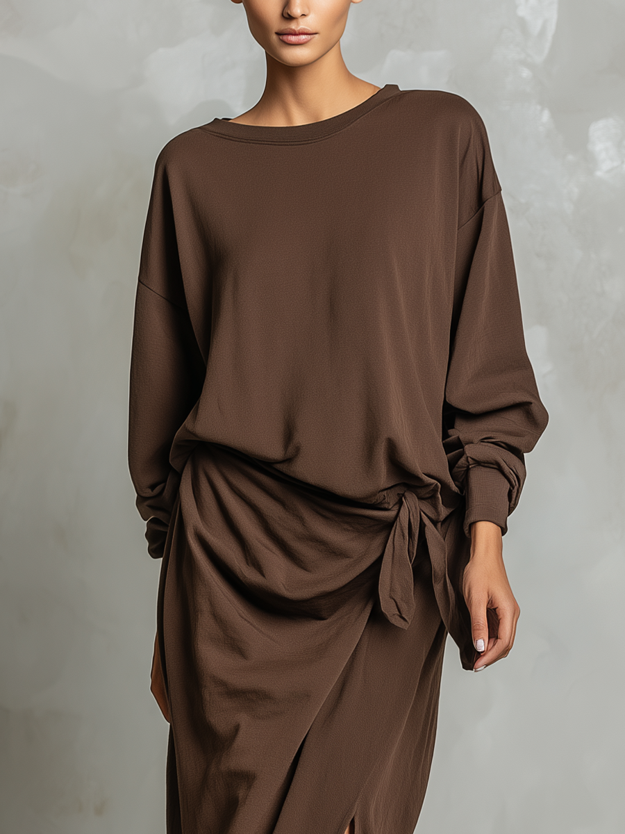 Women's Coffee-colored Knitted Loose-fitting Top And Side-tie Slit Skirt Set MDA0654K9T