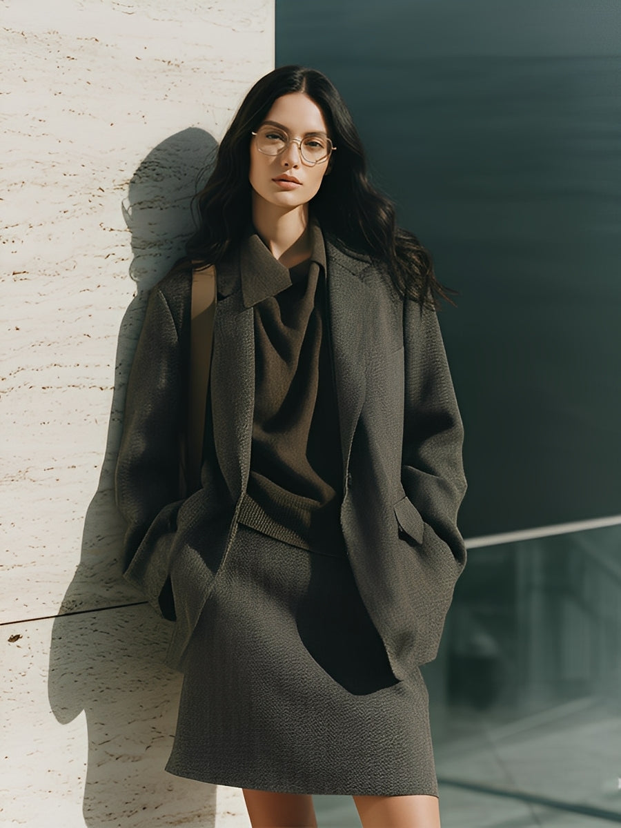 Women's Dark Gray Textured Set With Blazer & Mini Skirt, Modern Effortless Style Set MDA1623L8I