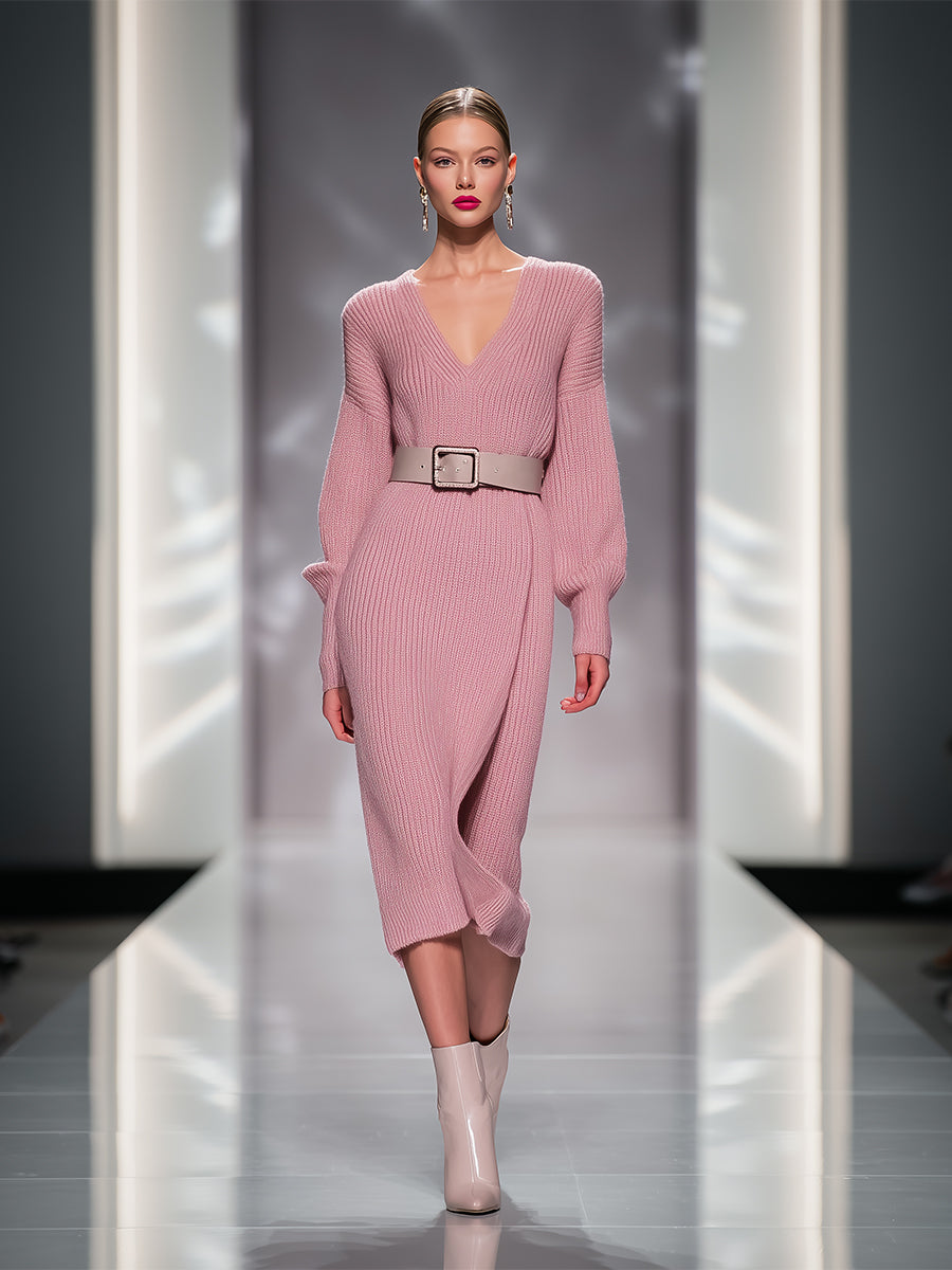 Women's Pink Elegant Rib - Knit Belted Midi Dress MDA0843H7I