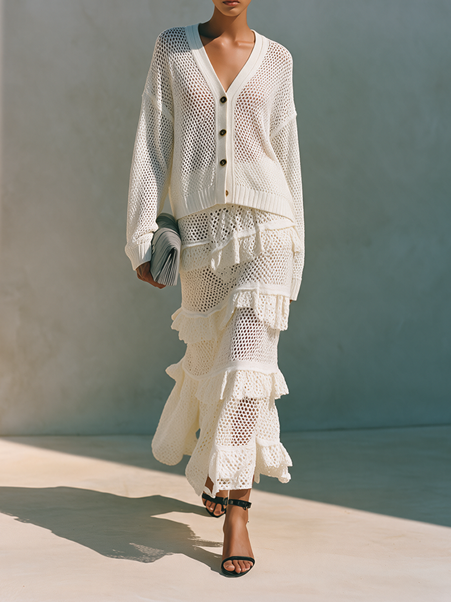 Women's Resort-Style Open-Knit Ruffled Skirt Set MDZ2711H5ZRK