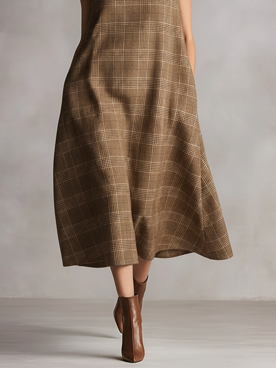 Women's Brown Plaid Textured Dress With A-Line Silhouette & Side Pockets, Contemporary Casual-Formal Style Dress MDZ1275B2I