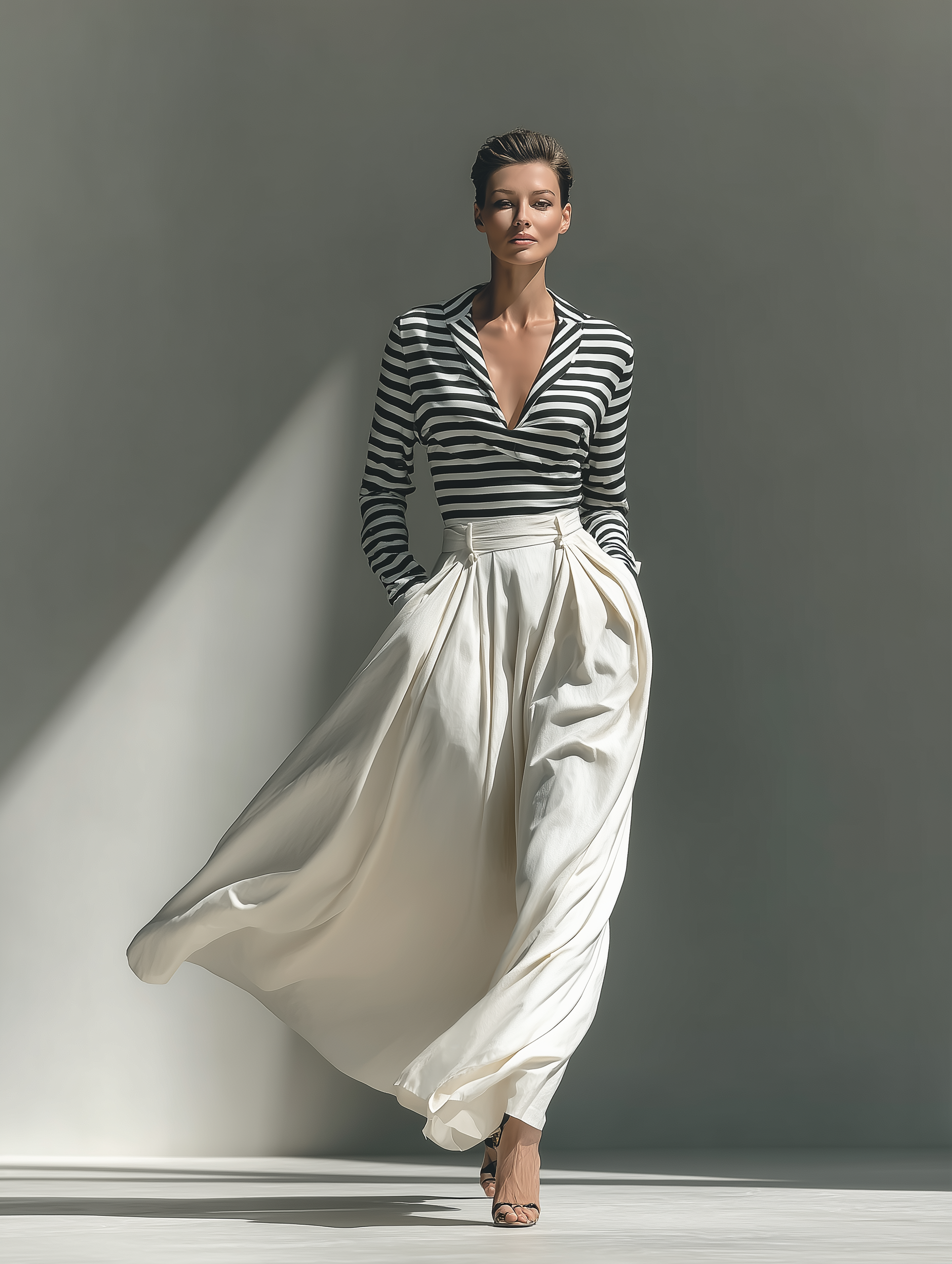 Women's Black-and-White Striped Knit Fabric Top & Ivory Pleated Maxi Skirt Set MDA1793L2T