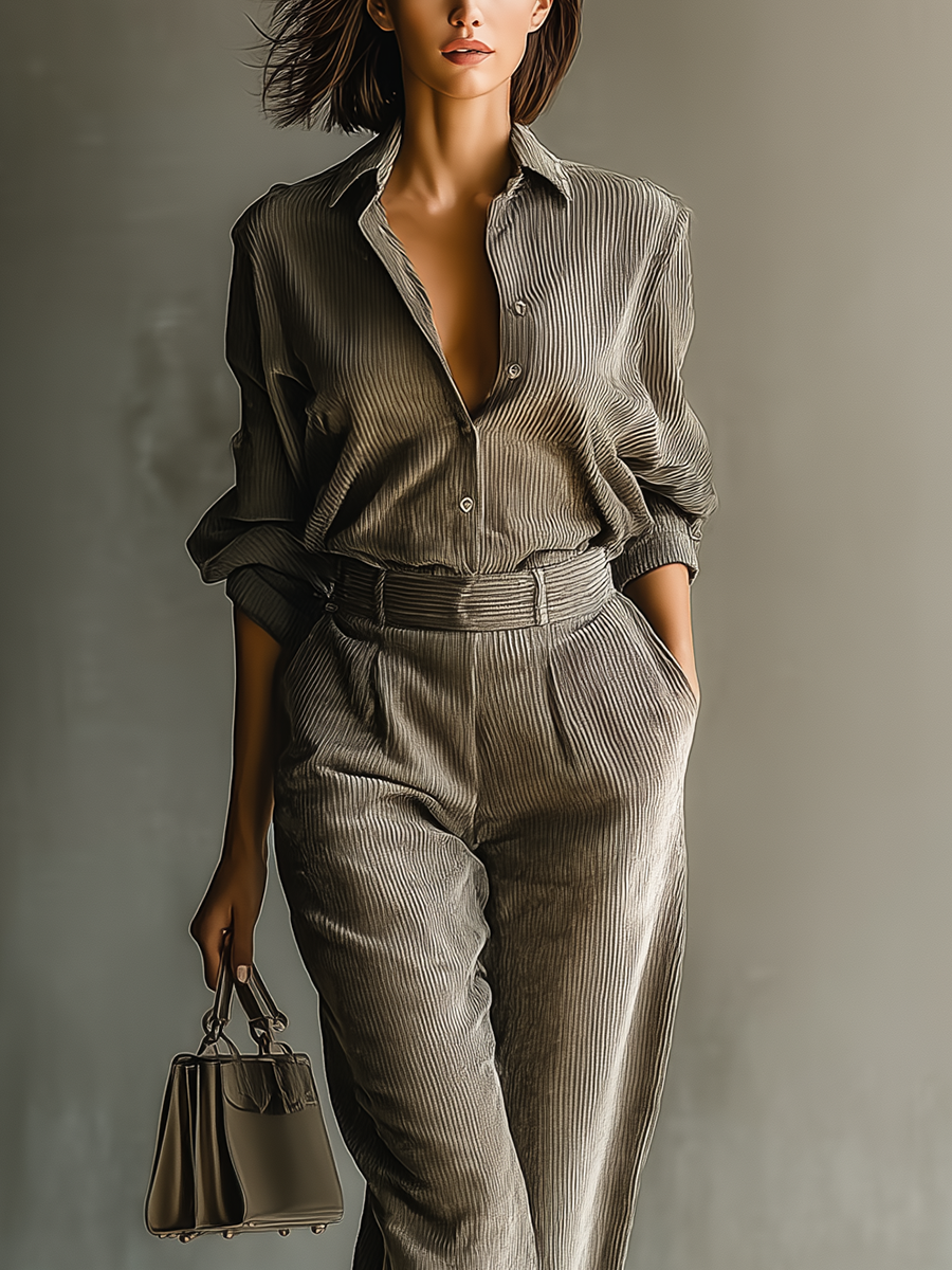 Women's Light Grey Corduroy Shirt And Pants Set MDA1559I8T
