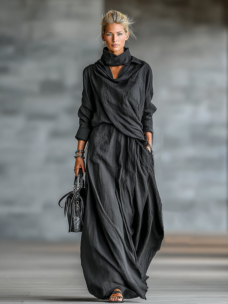 Women's Loose Washed Linen V-Neck Long Sleeves Long Skirt Set MDA0716H7Y