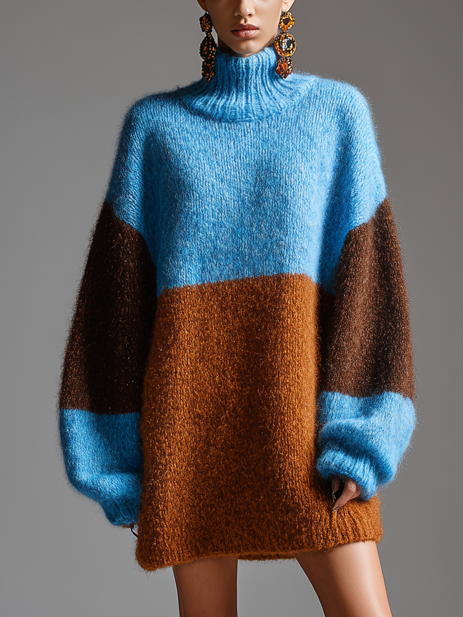 Women's Blue And Brown Color Block Knitted High-Neck Lantern Sleeve Mini Dress MDA0332K6T