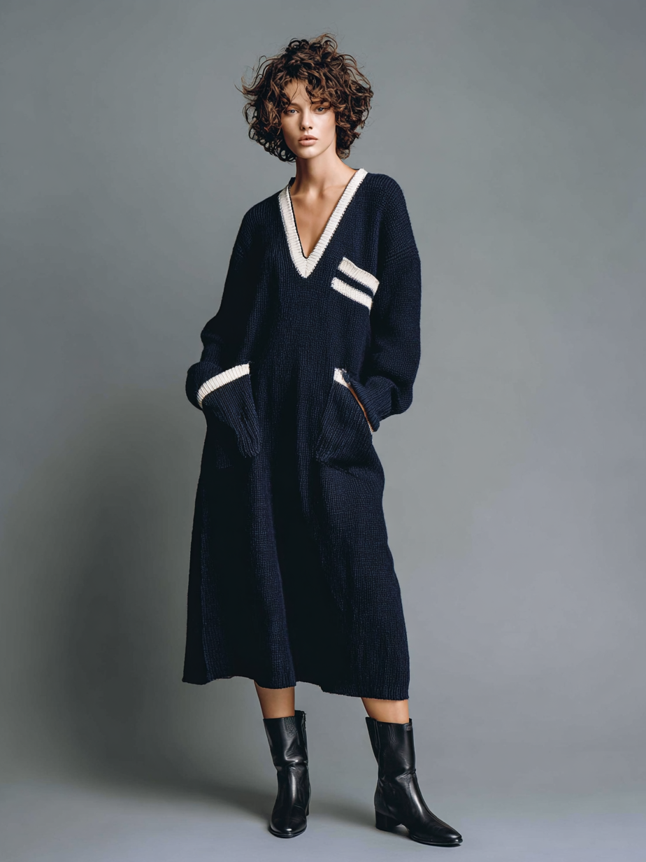 Women's Fashion Loose Knitted V-Neck Midi Dress MDA2548H2Y