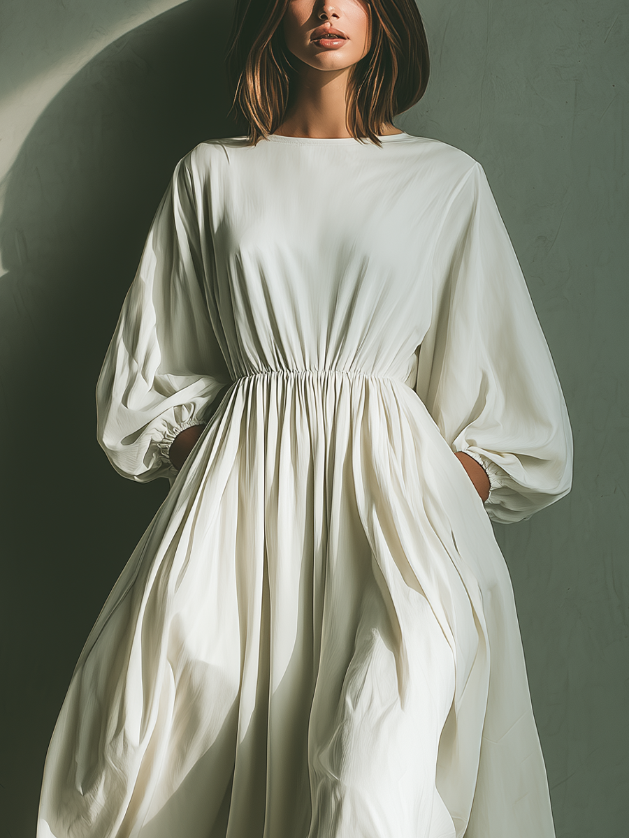 Women's White Cotton-linen Blend Fluffy Maxi Dress MDA1167K8T