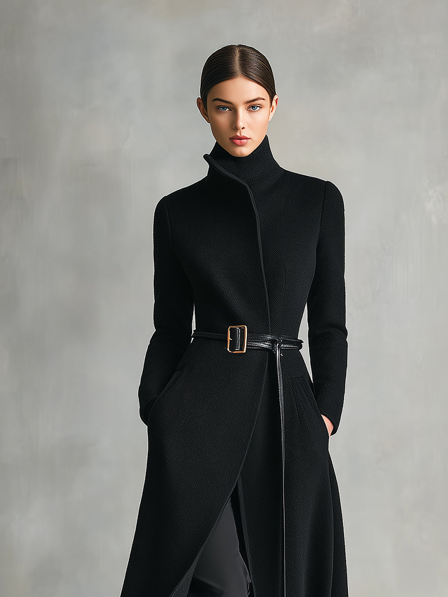 Women's Black Elegant Wool - Blend Turtleneck Belted Maxi Coat (without belt) MDA2807H5I