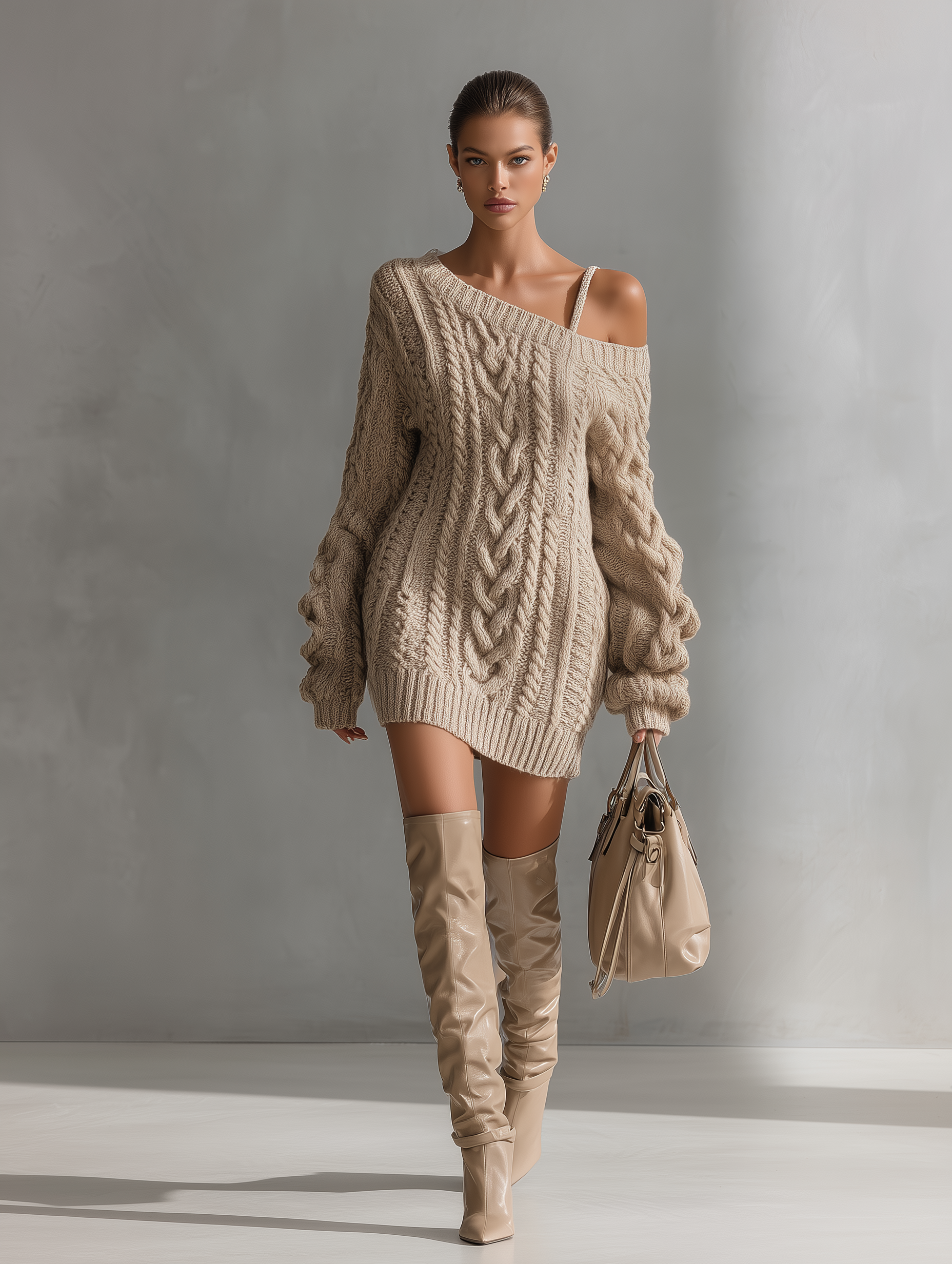 Women's Beige Cable Knit Off-the-Shoulder Fashion Mini Dress MDA1314J6T