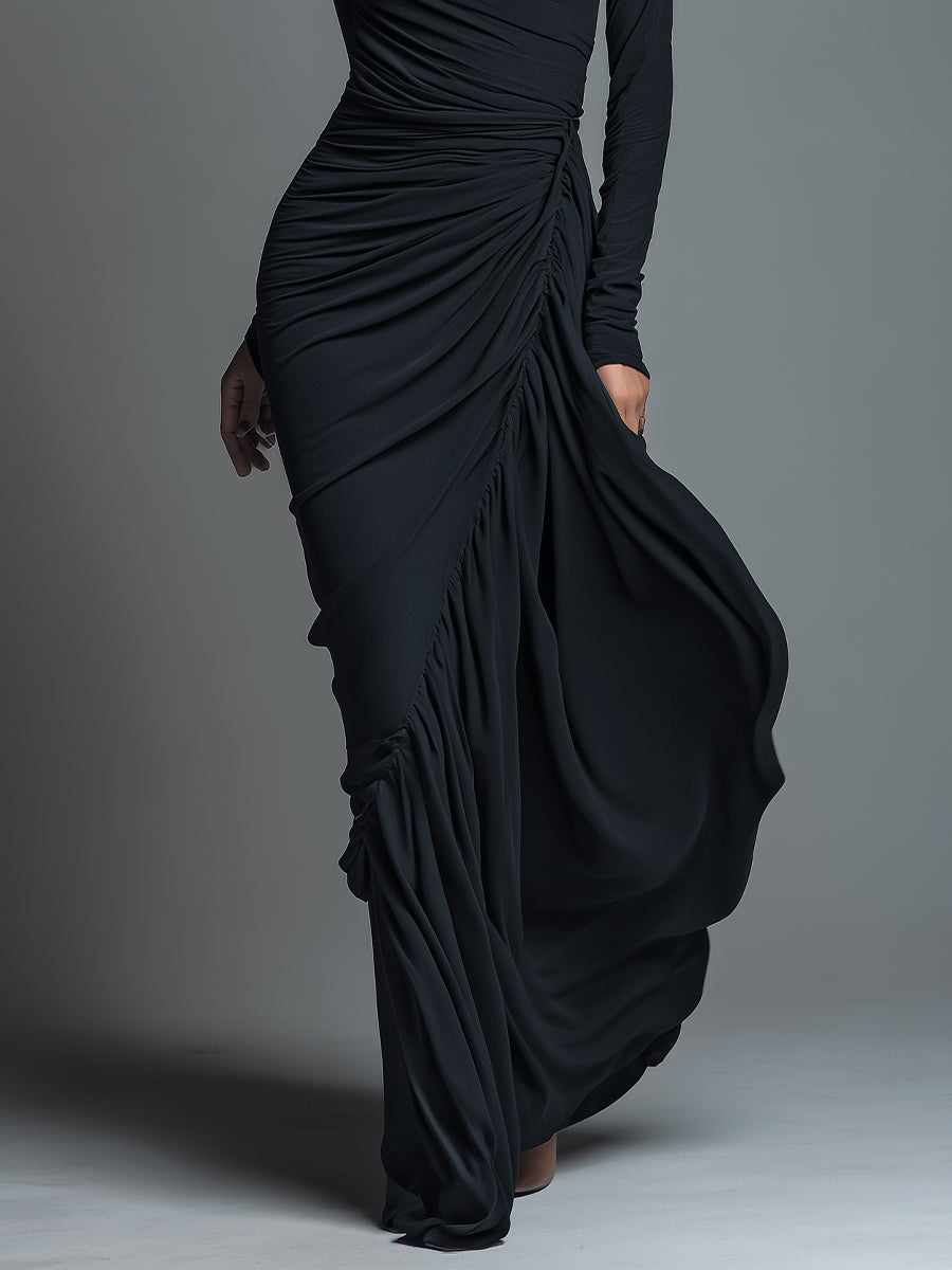 Women's Black Elegant Jersey Knit Ruched Maxi Dress MDA1541H1I