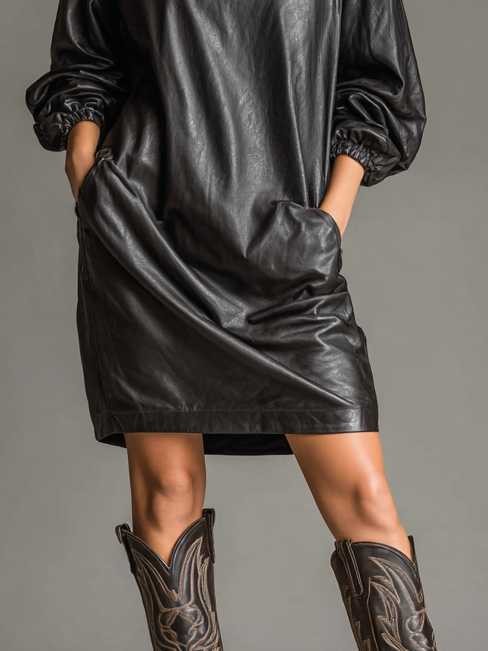 Women's Loose Leather Half-Turtleneck Long-Sleeved Midi Dress MDA1311H8Y
