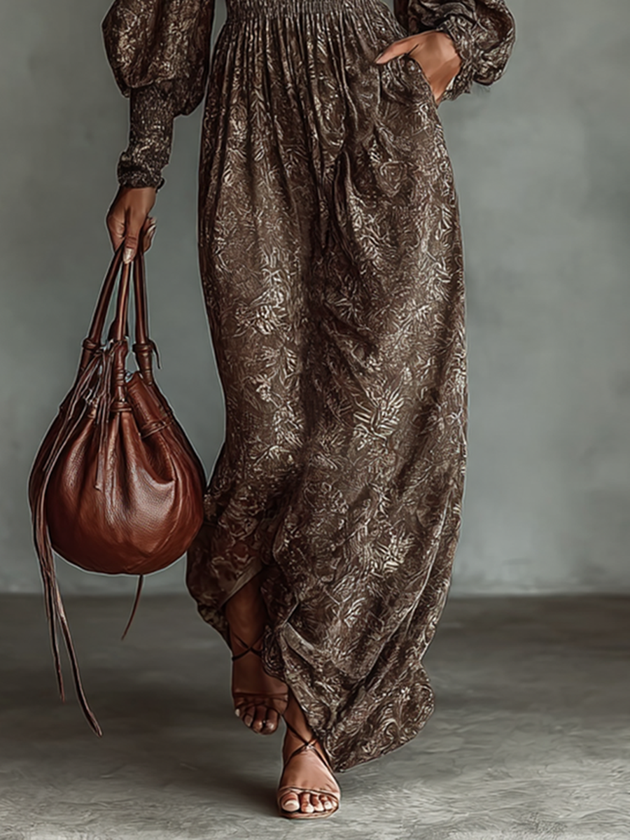 Women's Printed Turtleneck Long Sleeve Waist-hugging Maxi Dress MDA2490G3Y