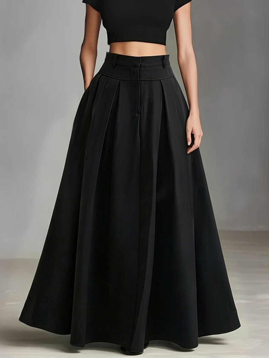 Women's Black Stretch-Knit & Woven Set With Cropped Top & Maxi Dress, Timeless Sleek-Chic Style Set (without Belt) MDZ1412A1I