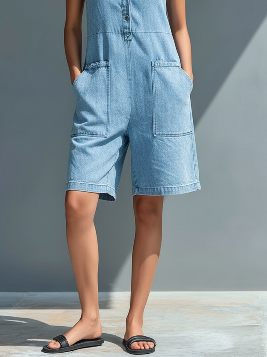 Women's Minimalist Washed Denim Sleeveless Loose-fitting Jumpsuit Shorts MDZ2700B2Y