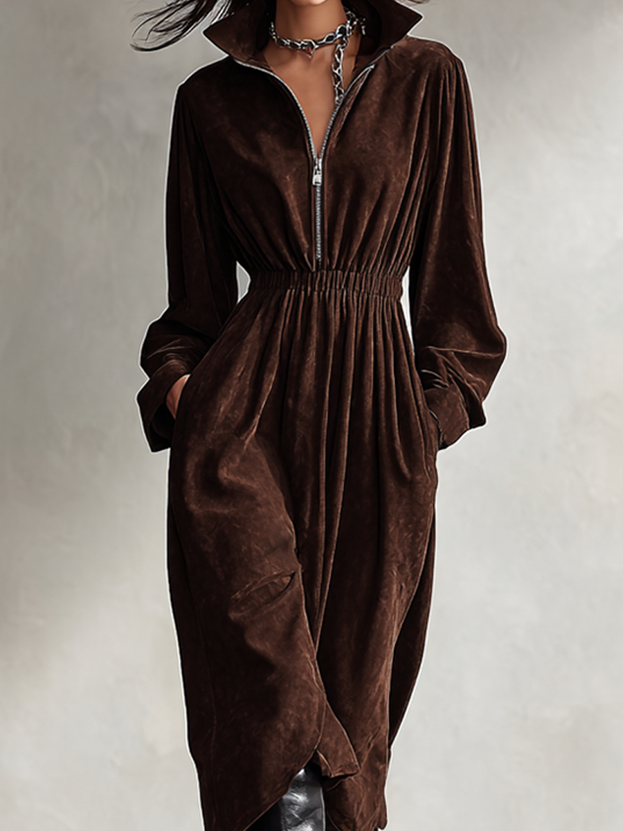 Women's Brown Suede Zip-Up Midi Dress MDA0845L9AP