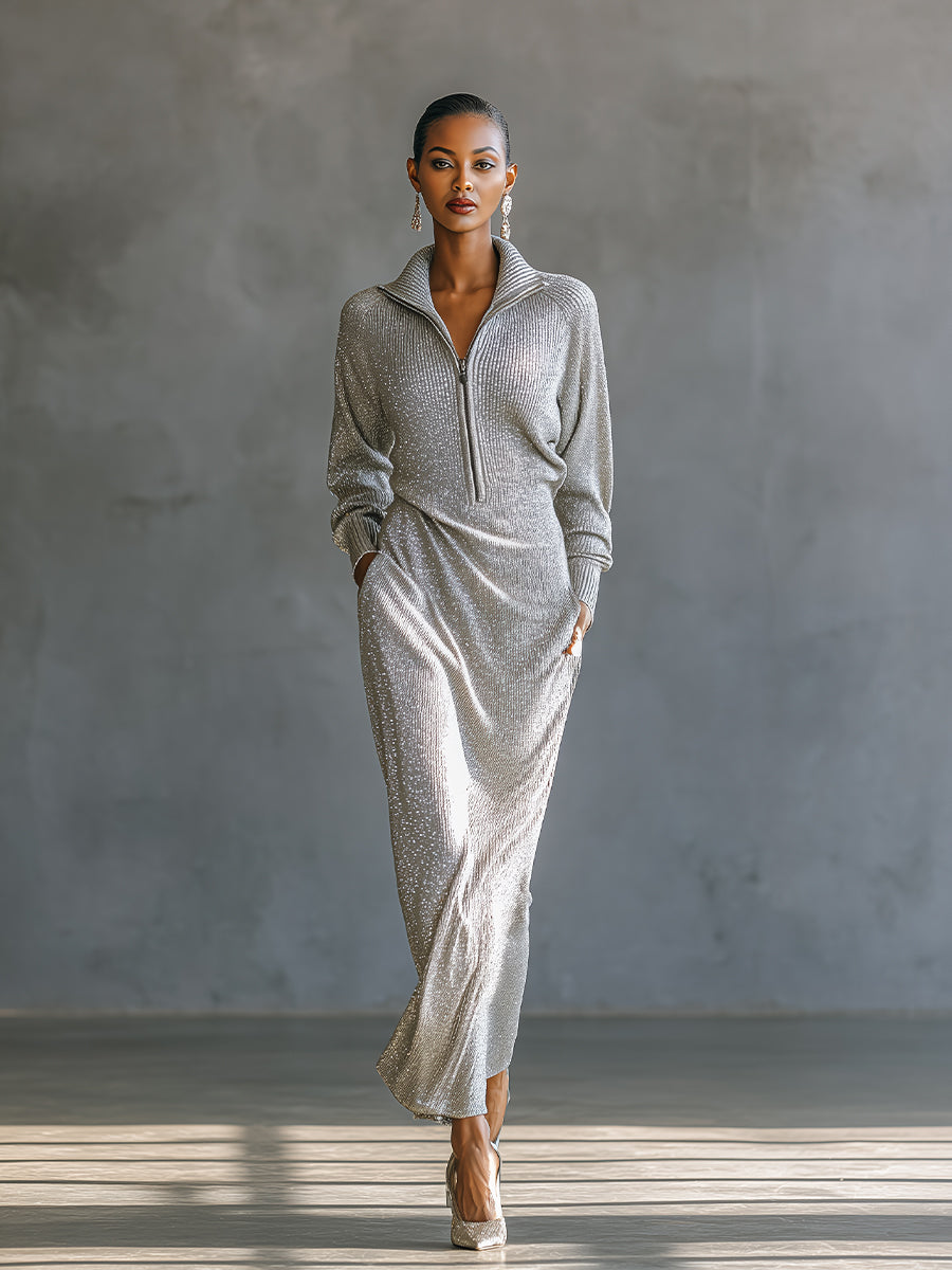 Women's Silver Glamorous Lurex - Knit Half - Zip Maxi Dress MDA1484H0I