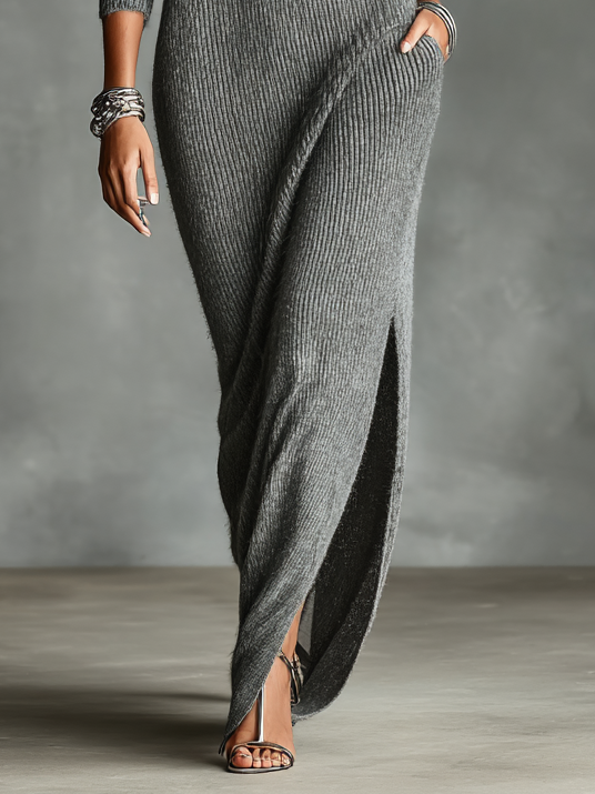 Women's Knitted Polo Collar Long Sleeve Loose Hem Slit Maxi Dress (belt Not Included)MDA0181H8Y