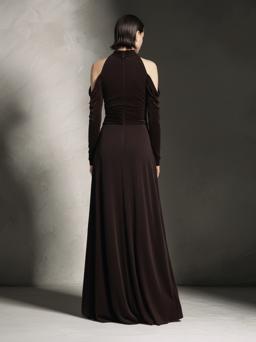 Women's Glam Velvet Chocolate Brown Halter-Neck Cutout Ruched Maxi Dress MDA1601L7AU