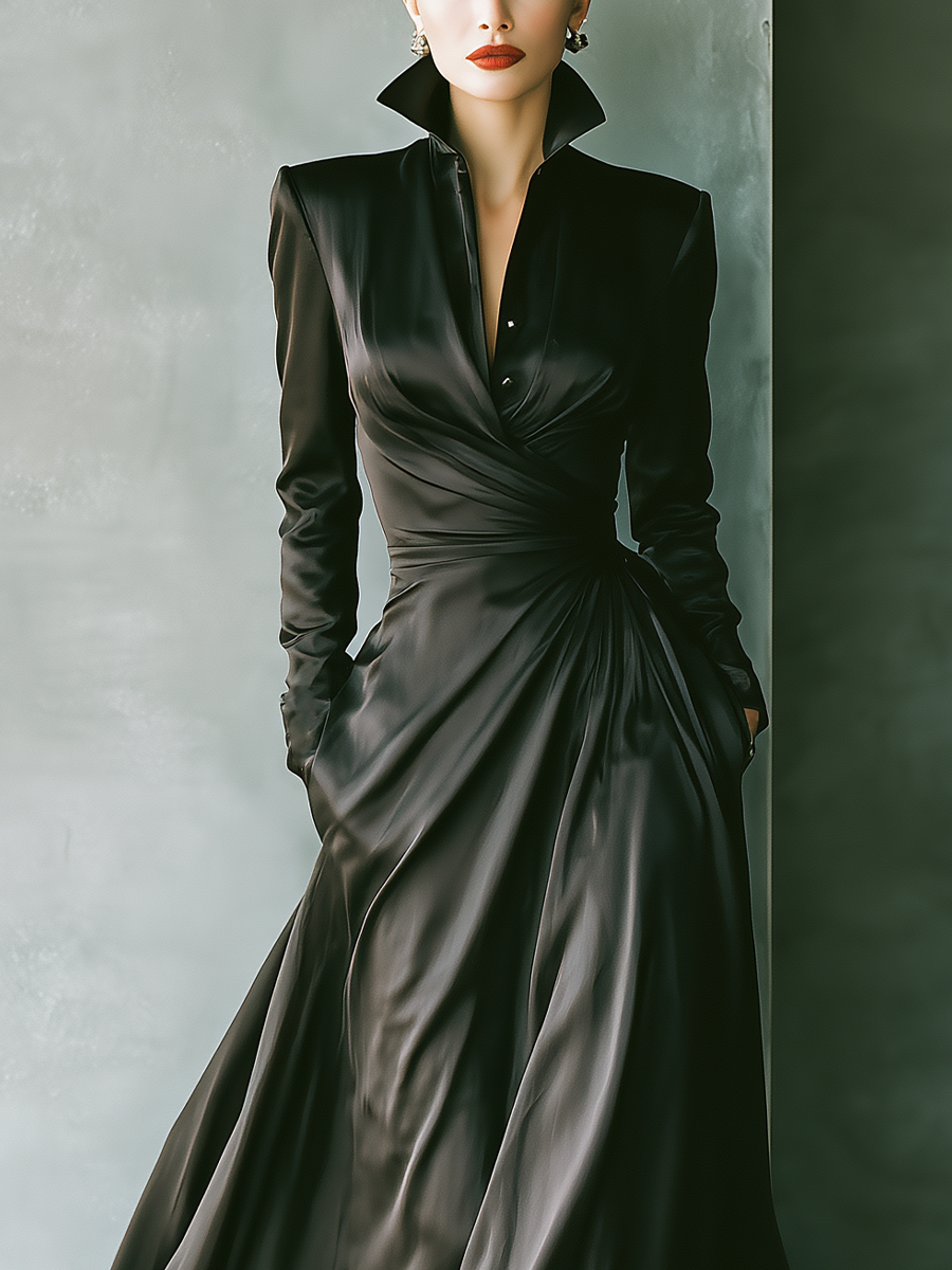 Women's Black Satin Stand-up Collar Fitted Waist Full Skirt Dress MDA2940K2T