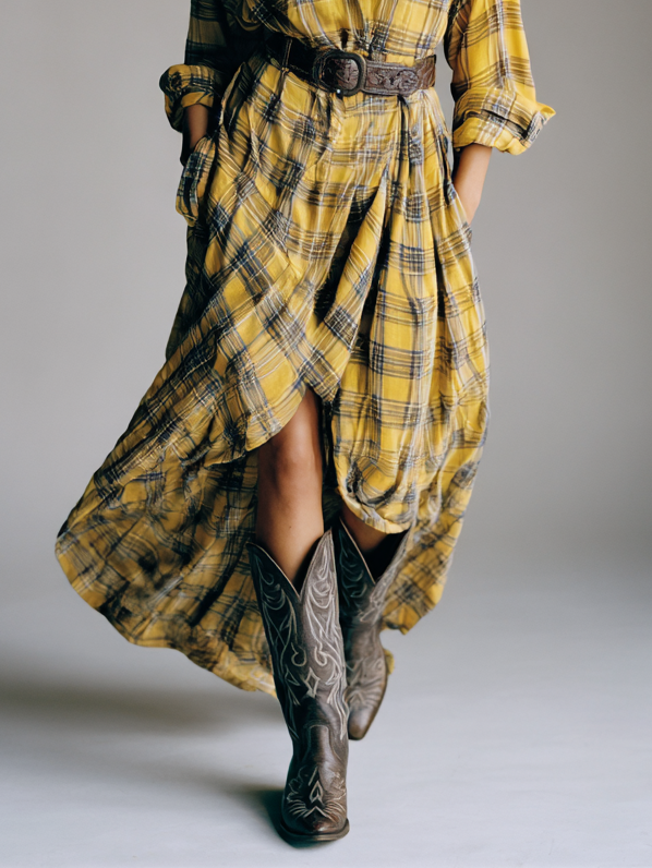 Women's Plaid Short Front And Long Back Shirt Maxi Dress(Belt Not Included) MDA1383H5Y