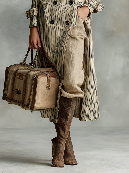 Women's Striped Lapel Double-Breasted Belted Long Trench Coat MDA2585H4Y