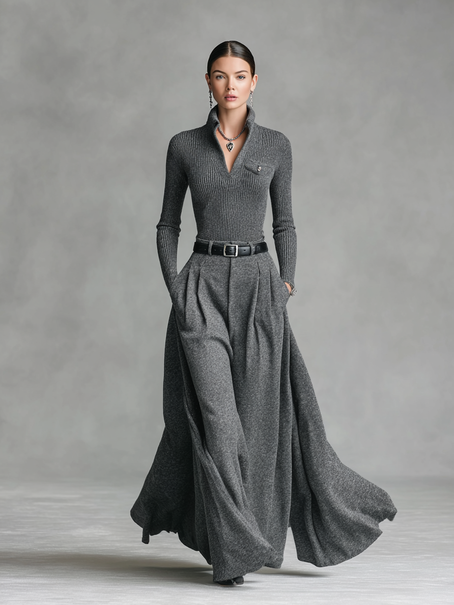 Women's Fashion Tight Knit Top Woolen Skirt Set（Without Belt)MDA0710H9Y