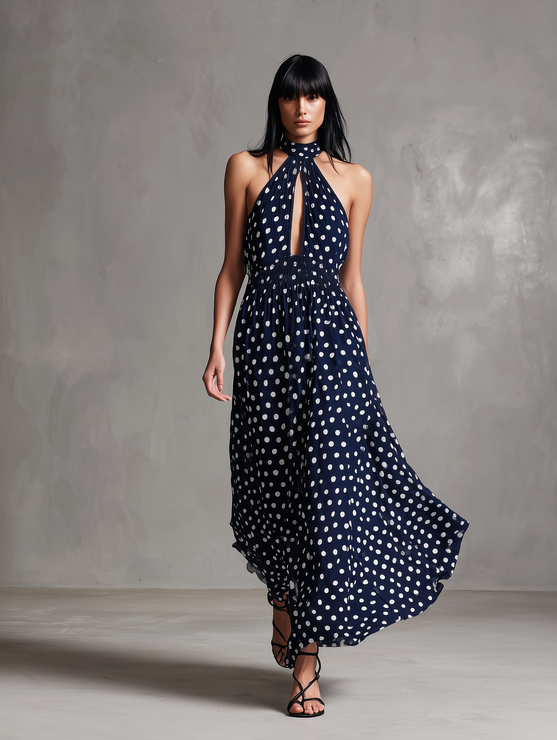 Women's Elegant Dark Blue Chiffon Halter Neck Sleeveless Long Dress MDZ2809B9AN