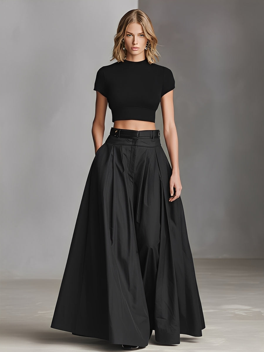 Women's Black Stretch-Knit & Woven Set With Cropped Top & Maxi Dress, Timeless Sleek-Chic Style Set (without Belt) MDZ1412A1I