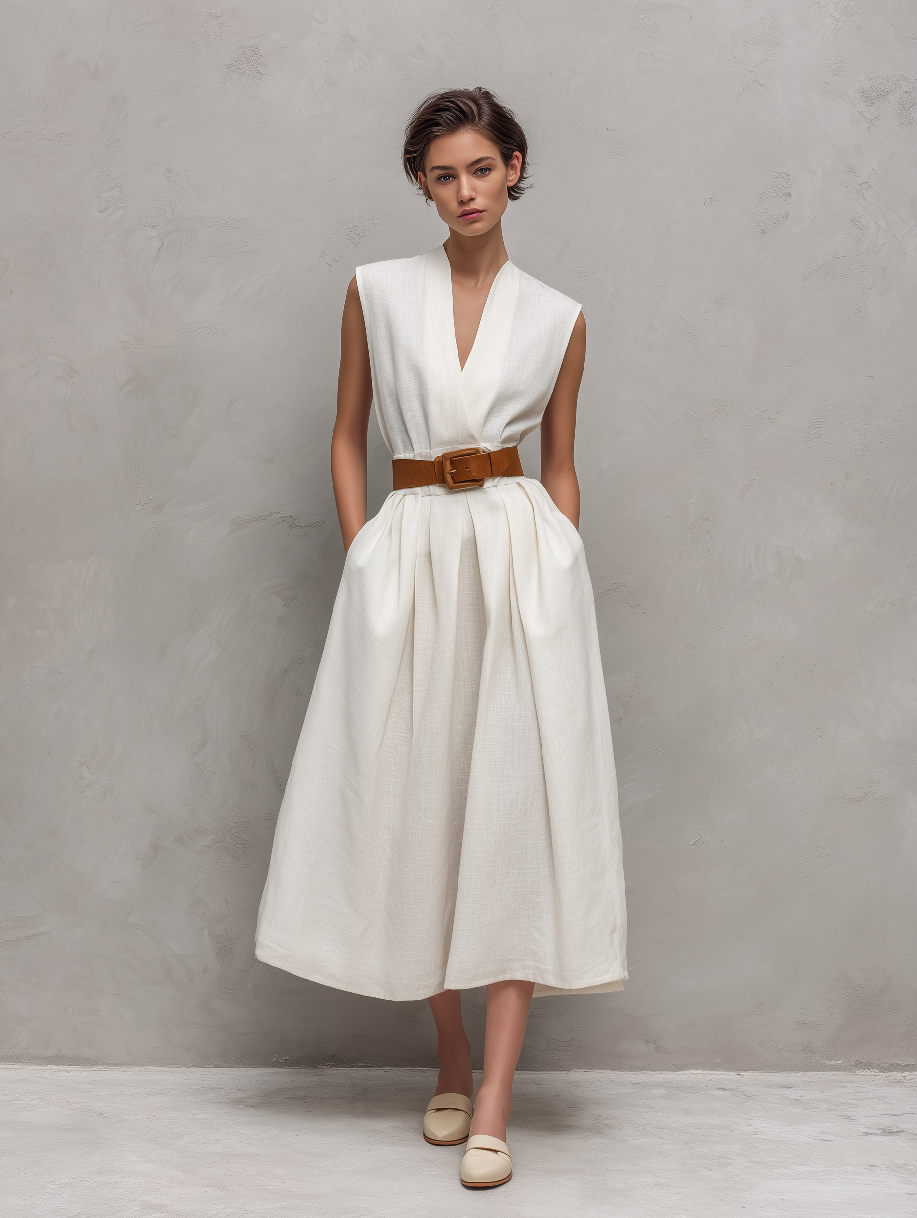 Women's Elegant White Cotton-linen Blend V-neck Sleeveless Maxi Dress (belt Not Included) MDZ0362C2AN