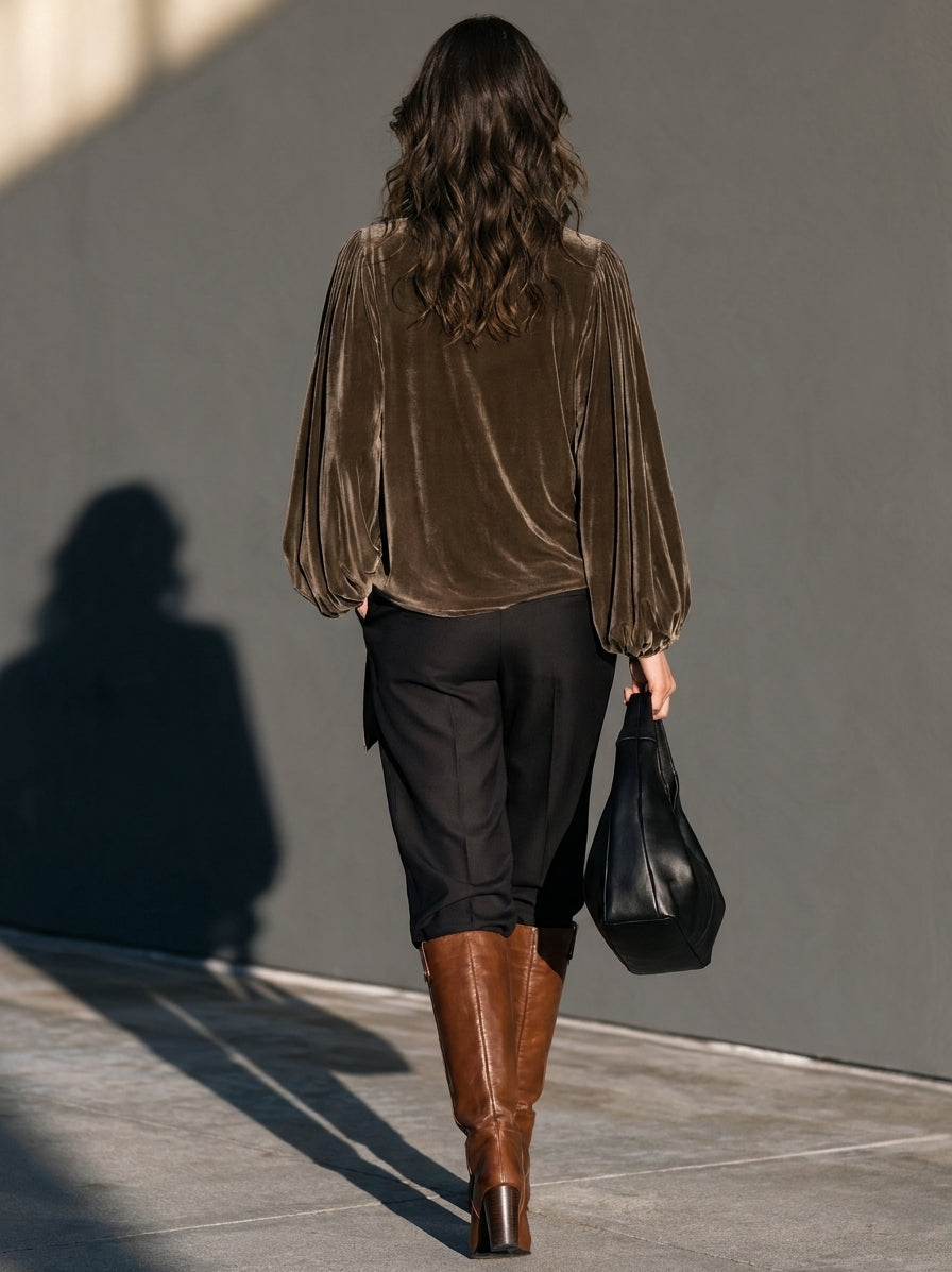 Women’s Elegant Brownish-green Velvet Long-sleeve Top