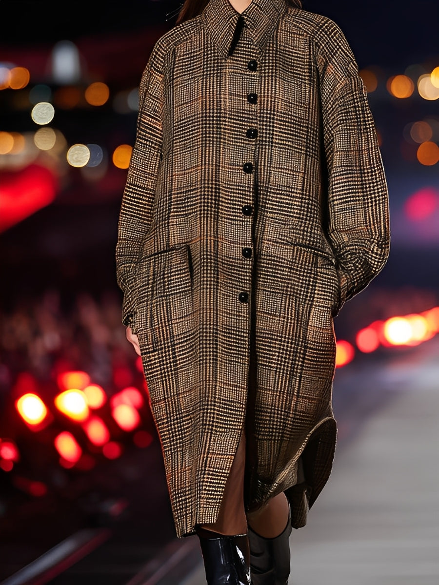 Women's Brown Plaid Wool-Blend Oversized Coat With Button Front & Shirt Collar, Retro Chic Style MDA2465J4I