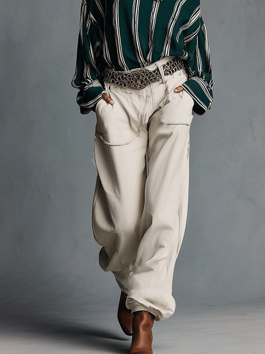 Women's Green - White Bohemian Striped Cotton Off - The - Shoulder Top And Wide - Leg Pants Set MDA0837I9I