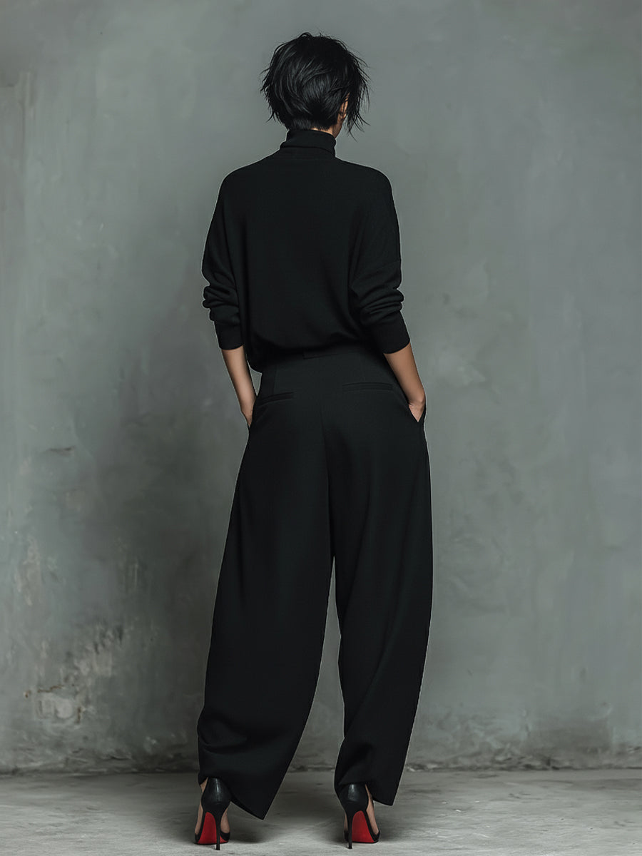 Women's Black Knit & Tailored Fabric Minimalist Turtleneck Wide-Leg Pant Set MDA1700K3I