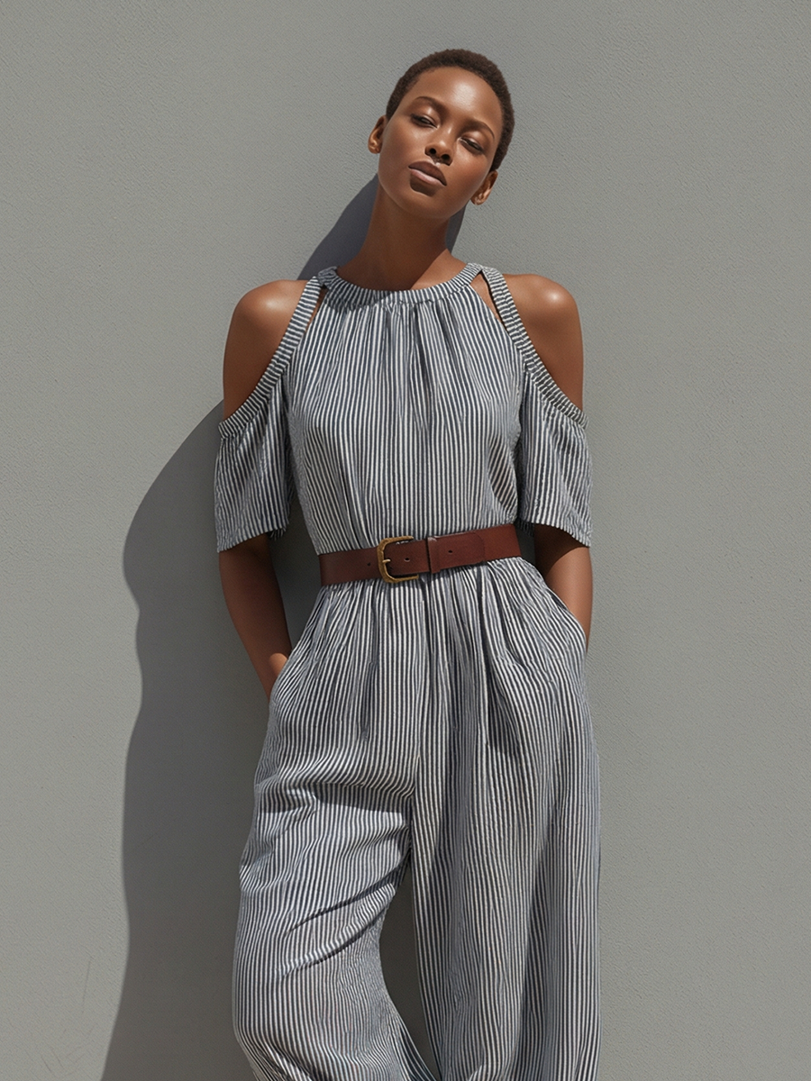 Women's Blue & White Striped Linen Jumpsuit With Ruffled Halter Neck & Tapered Ankles, Timeless Resort-Chic Style Jumpsuit MDZ1180B2I