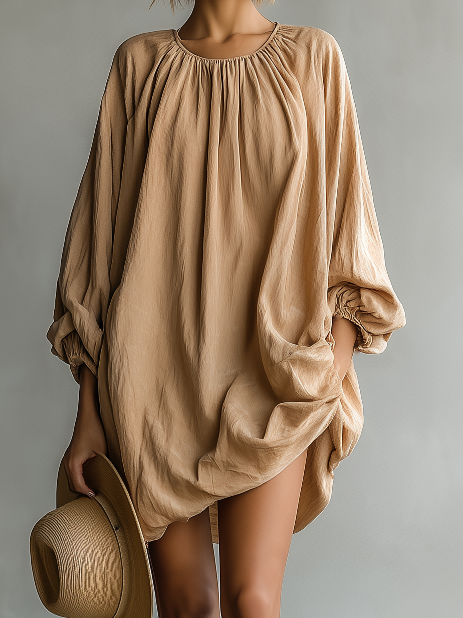 Women's Fashionable Casual Camel-colored Elastic Neckline Loose Short Dress MDA2475K1AN