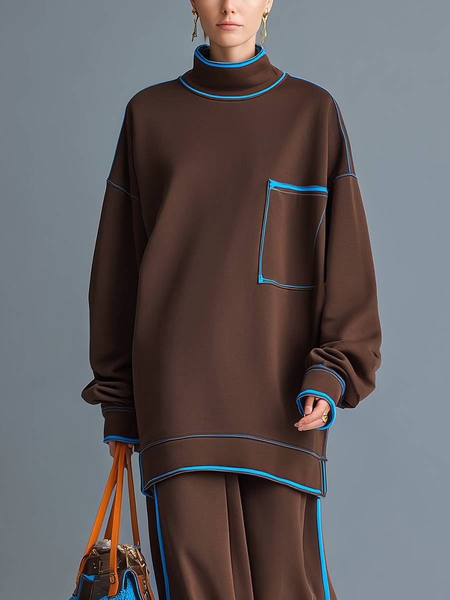 Women's Brown And Blue Color-Blocked High-Neck Loose-Fitting Top And Straight-Leg Pants Set MDA0374K7T