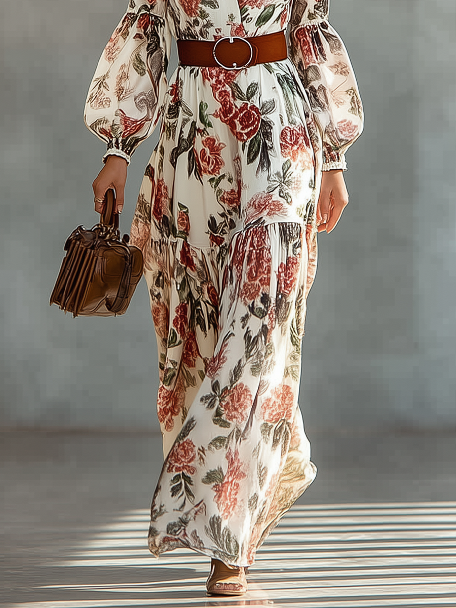 Women's White Blend Printed V-Neck Maxi Dress MDA0670H7T