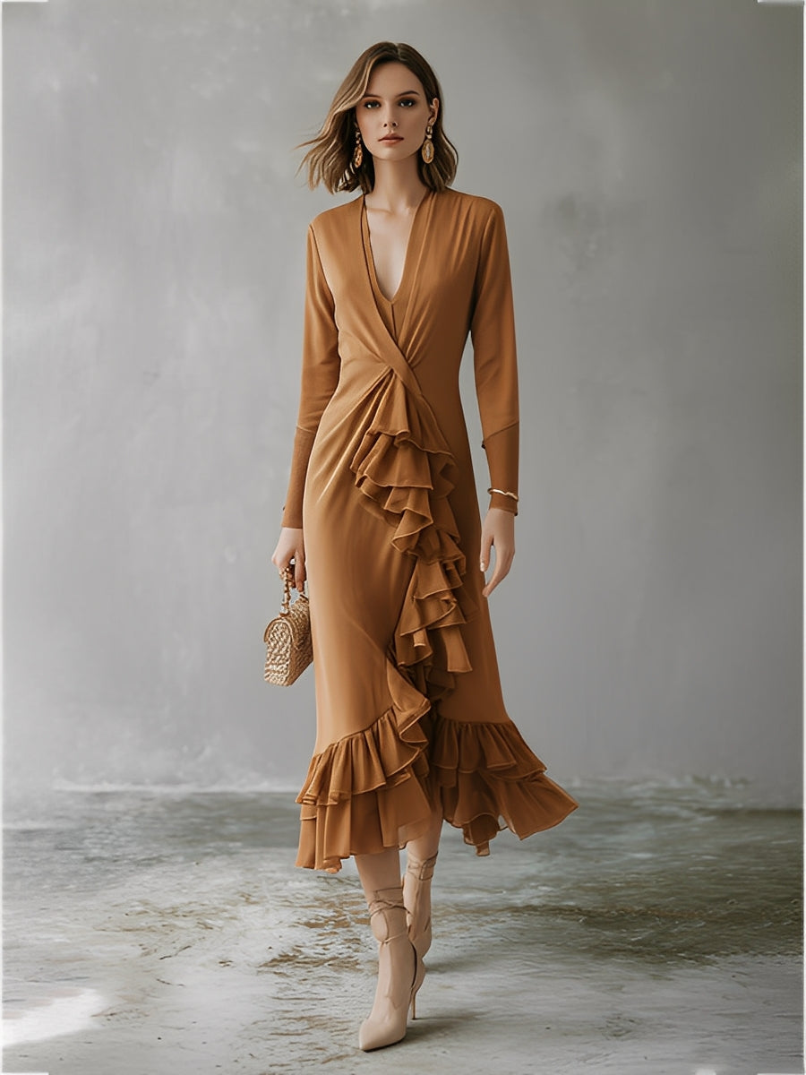 Women's Camel Brown Flowy Dress With Long Sleeves & Asymmetric Ruffles, Sophisticated Evening-Cocktail Style Dress MDA1932L9I