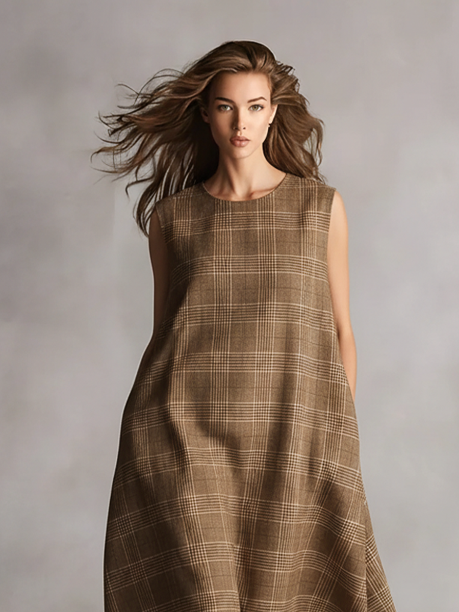 Women's Brown Plaid Textured Dress With A-Line Silhouette & Side Pockets, Contemporary Casual-Formal Style Dress MDZ1275B2I