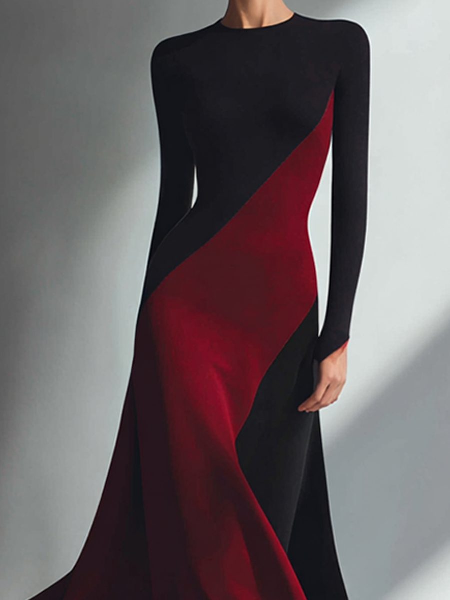 Women's Black And Burgundy Color-Blocked Midi Dress MDA1697L9AP