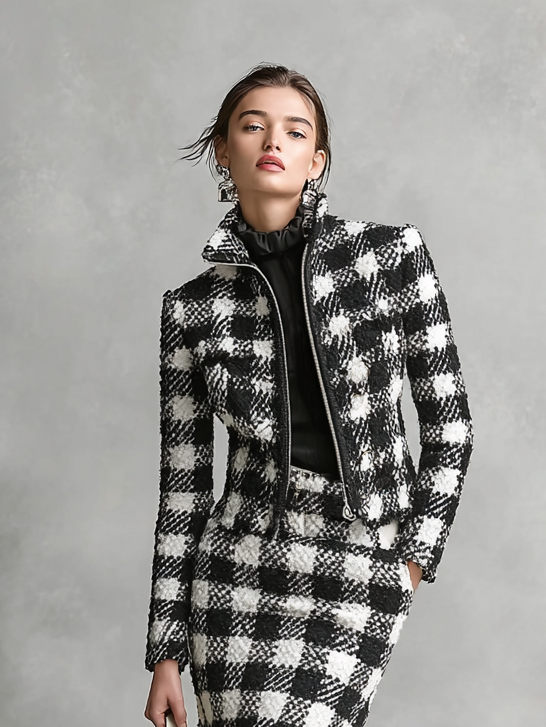 Women's Minimalist Black And White Plaid Tweed Short Jacket And Skirt Set MDA0937I5Y