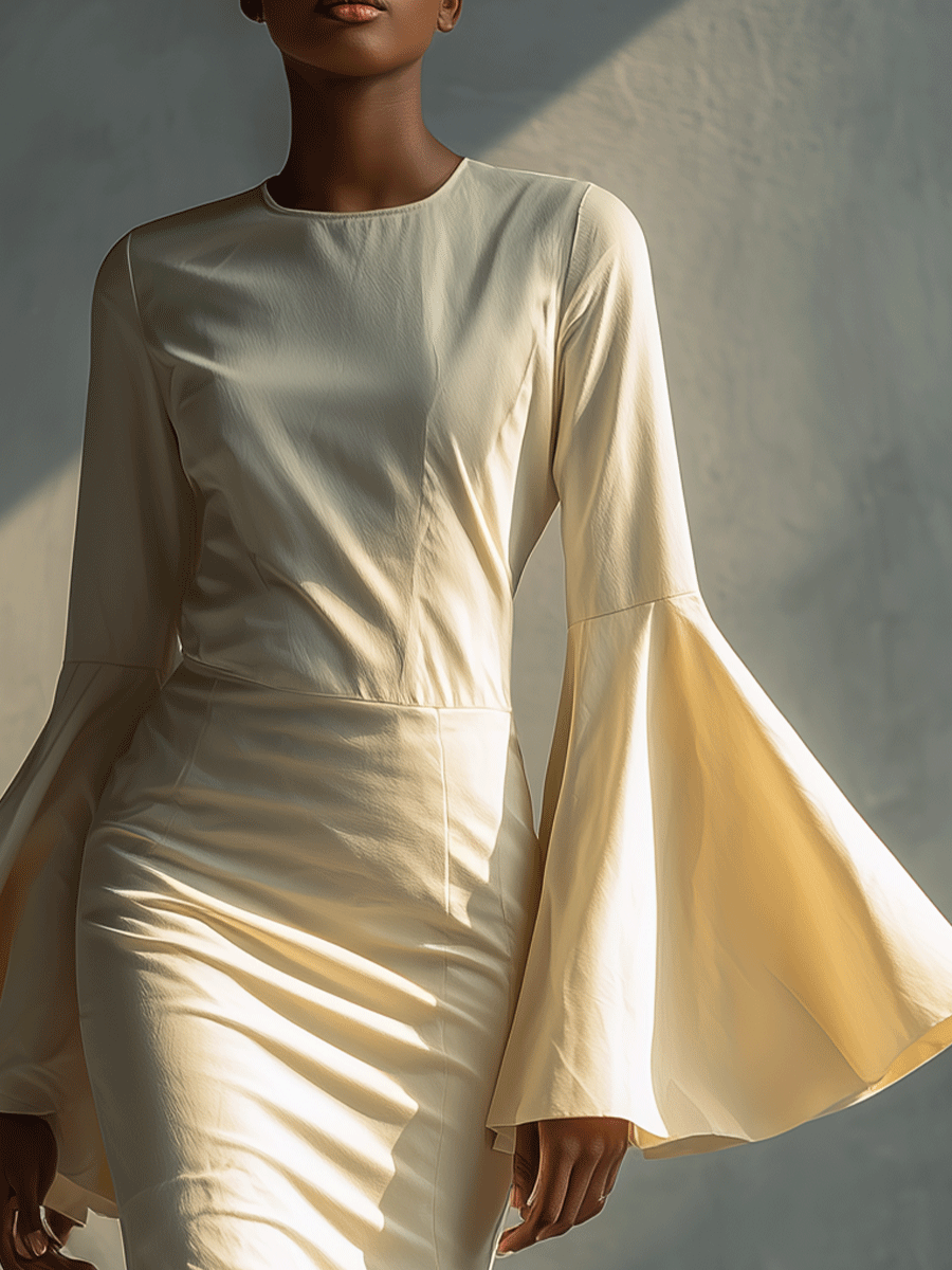 Women's Slim Satin Round Neck Bell Sleeve Hip-Wrap Midi Dress MDA3043G2I