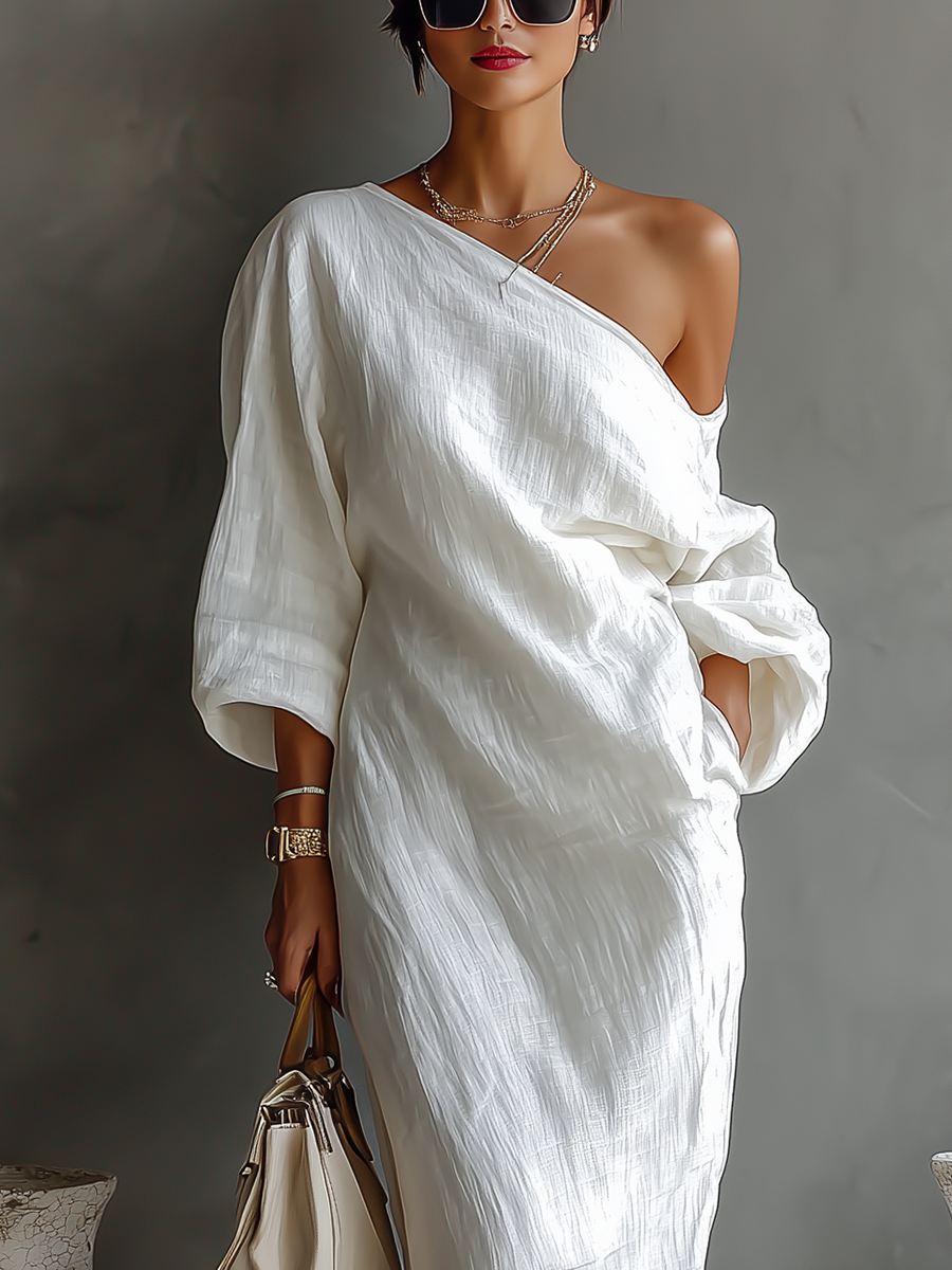 Women's Ivory White Cotton-Linen Blend One-Shoulder Flowing Elegant Dress MDA3032K4T