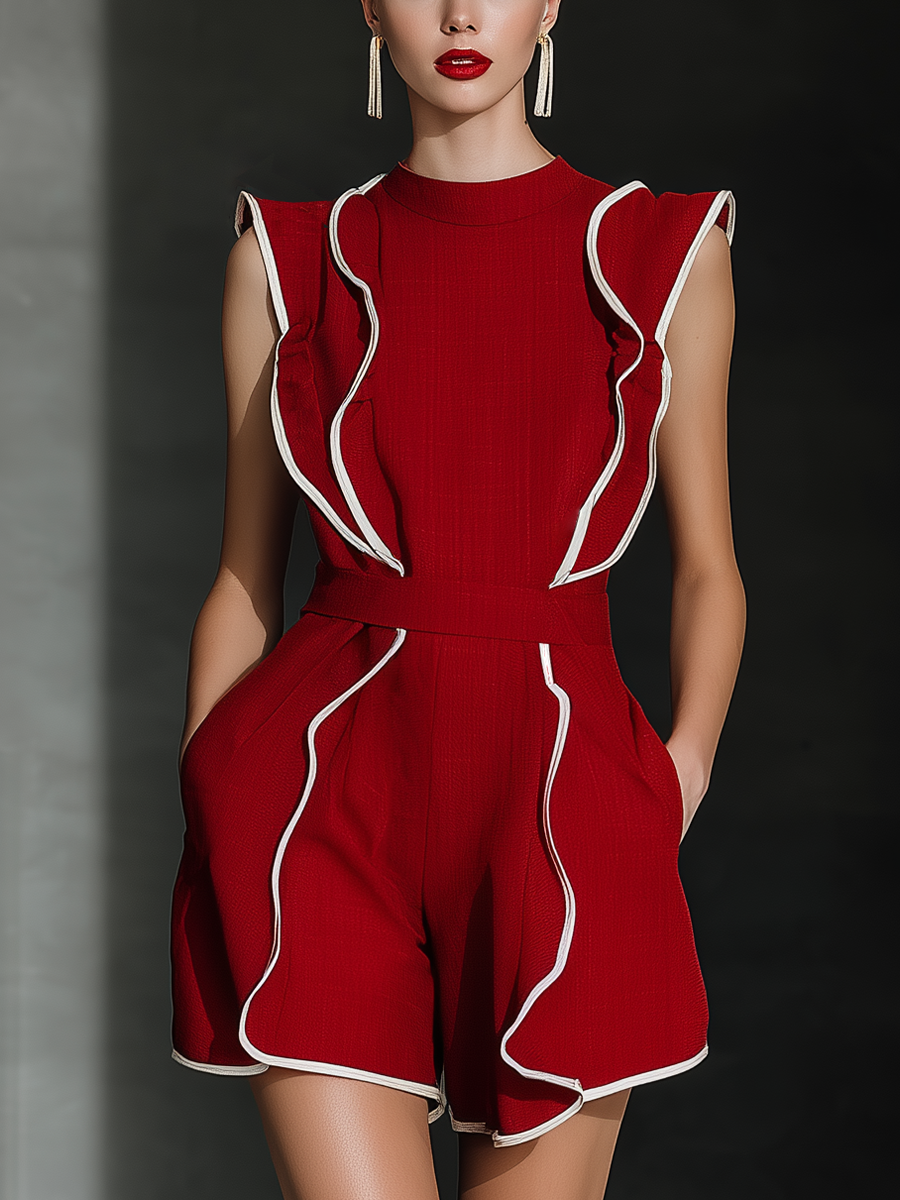 Women's Red Ruffled Romper With Contrast White Piping & Side Pockets MDZ0246C6T