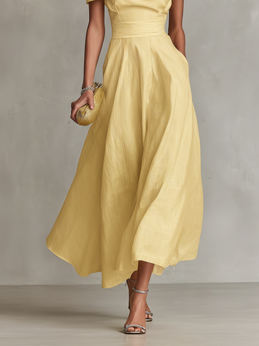 Women's Yellow Linen Dress With One-Shoulder Neckline & Fitted Waist, Timeless Elegant-Chic Style Dress MDZ2630B3I