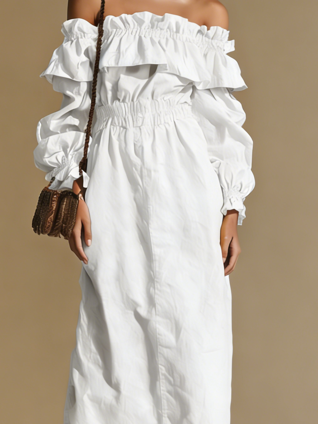 Women's Elegant White Off-shoulder Long-sleeved Elastic Waist Dress MDA1535L2AN