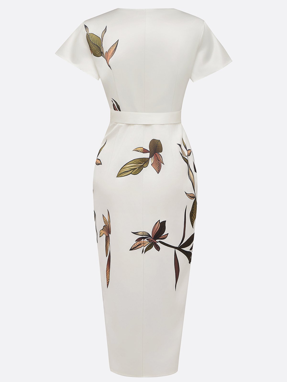 Women's Satin Print V-neck Short-sleeved Waisted Midi Dress MDA1139F9Y