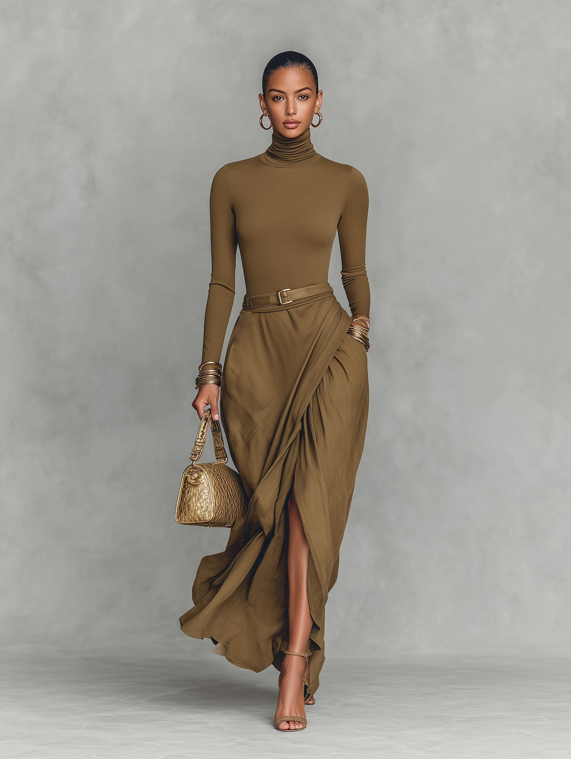 Women's Elegant Military Green Knitted Stretch Top With Woven Skirt, Long Dress (belt Not Included) MDA1741L0AN