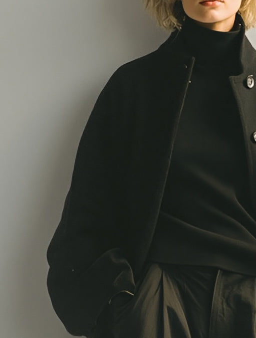 Women's Minimalist Vintage Style Black Single-breasted Mid-length Wool Coat MDA0876K0AN