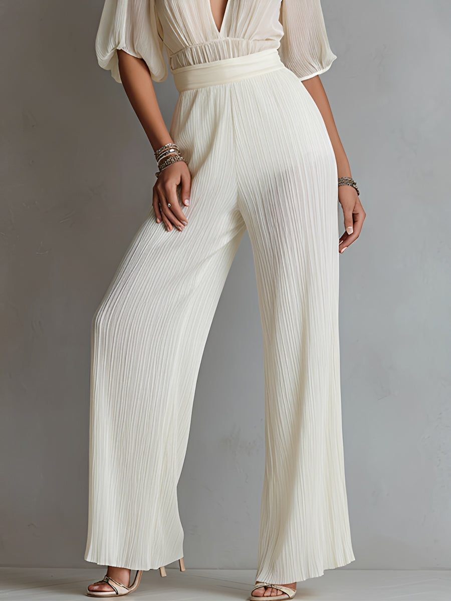 Women's Ivory Chiffon Set With Deep V-Neck & Puffed Sleeves, Timeless Sexy-Elegant Style Set MDZ2665B5I